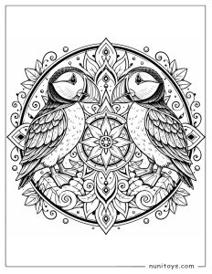 Two Puffins Facing Each Other in a Coastal Mandala Coloring Page