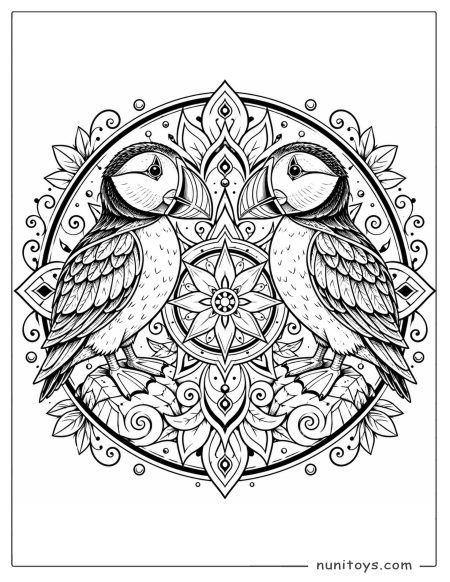 Two Puffins Facing Each Other in a Coastal Mandala Coloring Page
