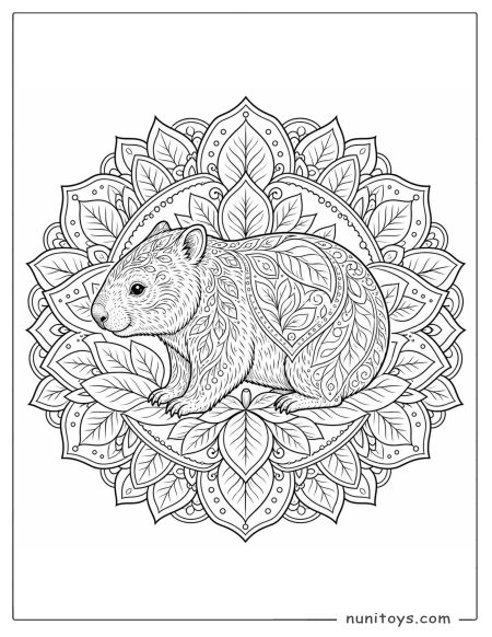 Walking Wombat in a Leafy Mandala Coloring Page