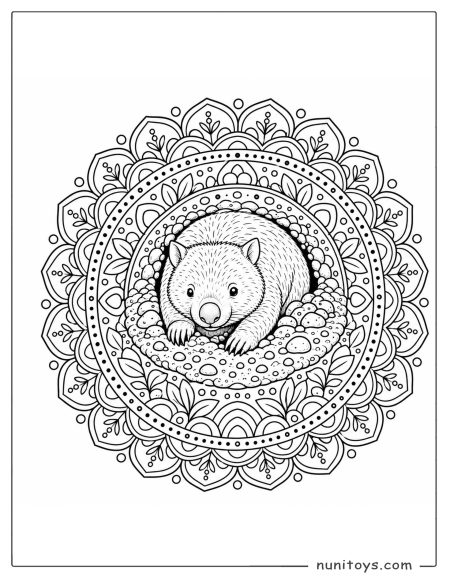 Wombat Digging in a Decorative Mandala Coloring Sheet