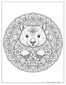 Wombat Peeking Through a Flower Mandala Coloring Page