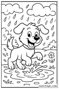 Puppy Splashing in a Rainy Puddle Coloring Page