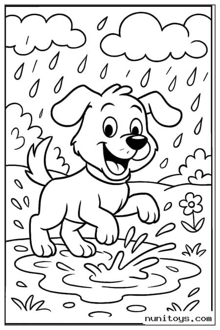 Puppy Splashing in a Rainy Puddle Coloring Page