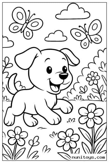 Curious Puppy Walking Through Flowers with Butterflies Coloring Sheet