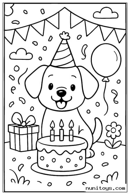 Birthday Puppy with Cake and Party Decorations Coloring Page