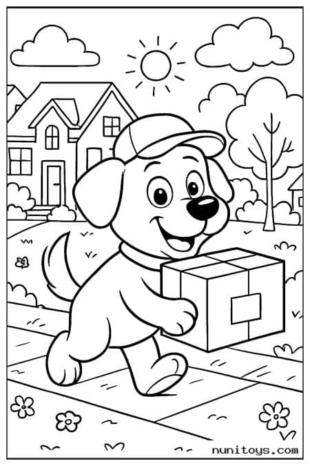 Delivery Puppy Carrying a Package Through a Neighborhood Coloring Page