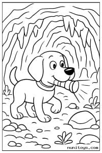 Dog Exploring an Icy Cave with a Bone Coloring Page