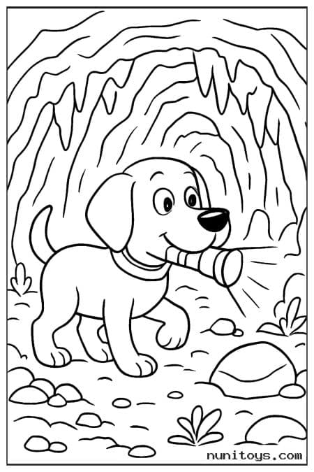 Dog Exploring an Icy Cave with a Bone Coloring Page