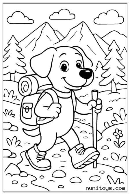 Hiking Dog Walking Through a Mountain Trail Coloring Sheet