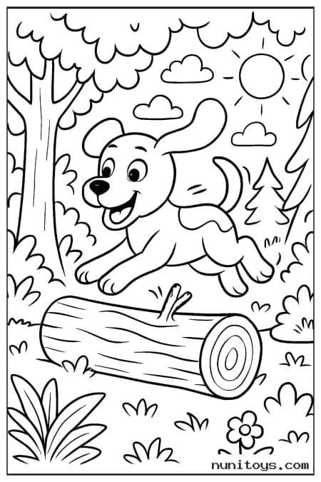 Dog Jumping Over a Log in a Forest Coloring Page
