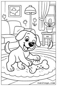 Playful Puppy with Bone on a Cozy Living Room Rug