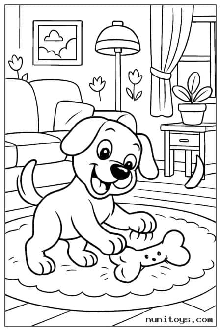 Playful Puppy with Bone on a Cozy Living Room Rug Coloring Sheet