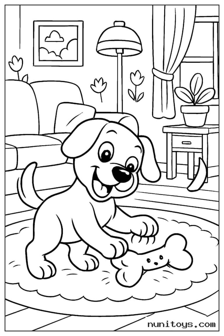 Coloriage chiot jouant avec un os sur le tapis du salon