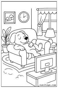 Dog Relaxing on an Armchair Watching TV Coloring Page