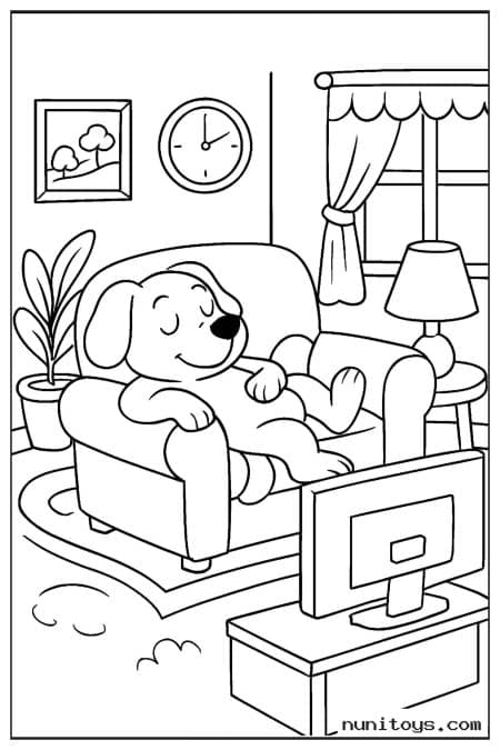 Dog Relaxing on an Armchair Watching TV Coloring Page