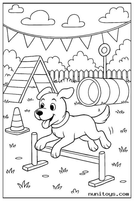 Playful Dog Jumping Over Obstacles in a Training Course Coloring Page