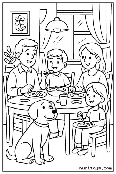 Family Meal with Dog Sitting by the Table Coloring Page