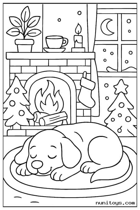 Sleeping Dog by a Fireplace with Holiday Decorations Coloring Sheet