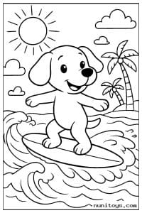 Puppy Surfing on Ocean Waves Near Palm Trees Coloring Page