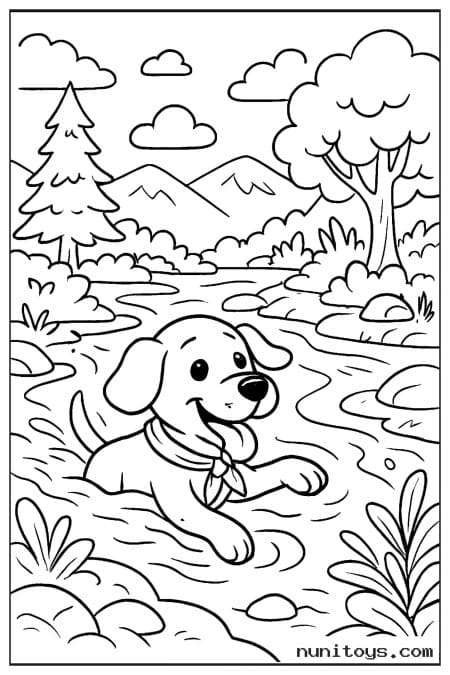 Dog Splashing Through a Forest Stream Coloring Page