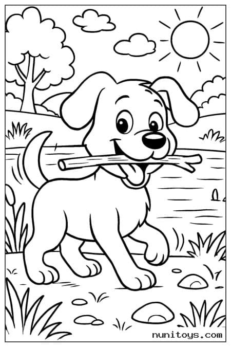 Happy Dog Carrying a Stick by the Water Coloring Page