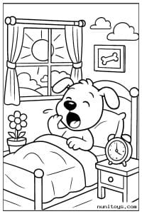 Sleepy Dog Yawning in Bed by a Sunny Window