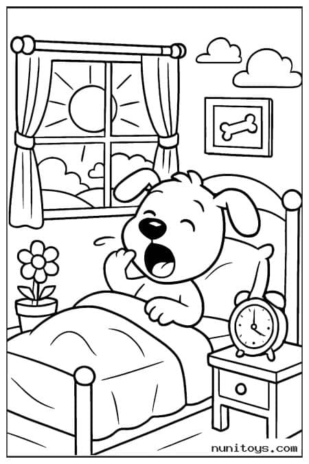 Sleepy Dog Yawning in Bed by a Sunny Window Coloring Page