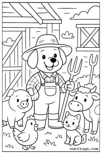 Farmer Dog Standing with Animals in a Barnyard