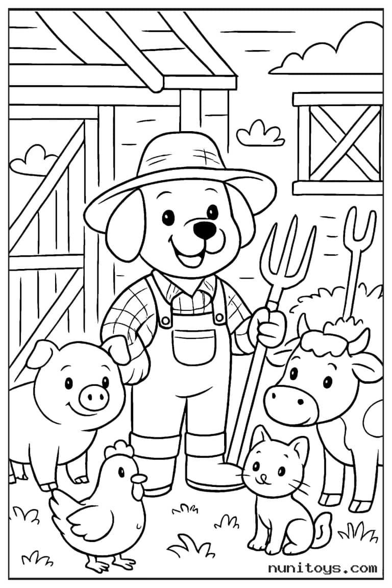 Coloriage chien fermier entouré des animaux de la ferme