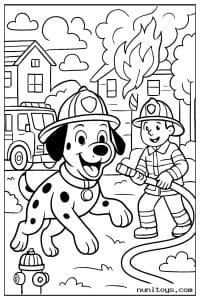 Firefighter Dog Spraying Water with Fire Crew Coloring Page
