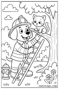 Firefighter Dog Rescuing a Kitten from a Tree Coloring Page