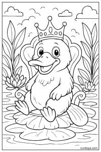 Coloring Page of a Platypus Wearing a Crown on Lily Pad