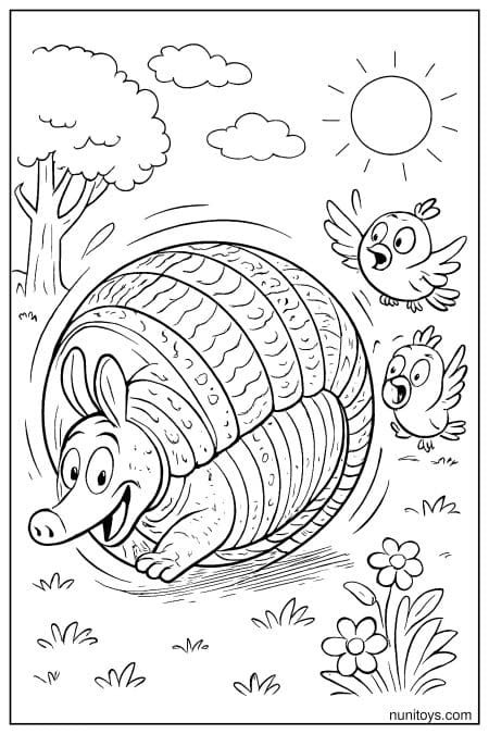 דף צביעה ארמדילו מתגלגל בשדה עם ציפורים מופתעות