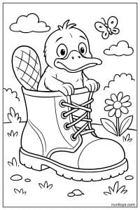 Kawaii Platypus Sitting in Big Boot Coloring Sheet