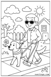 Man Walking with a Guide Dog in a Sunny Neighborhood