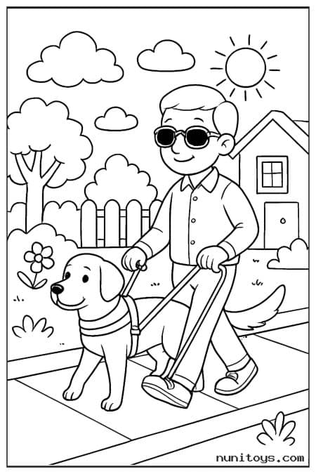 Man Walking with a Guide Dog in a Sunny Neighborhood Coloring Sheet