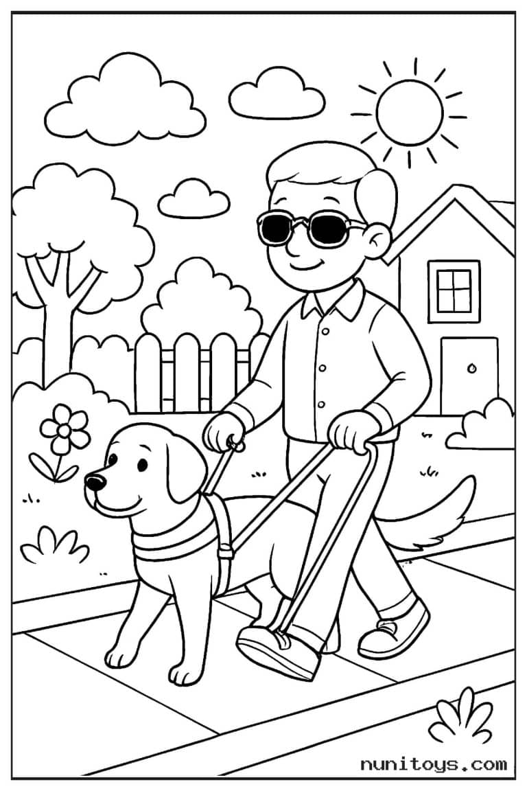 Coloriage personne malvoyante marchant avec son chien guide