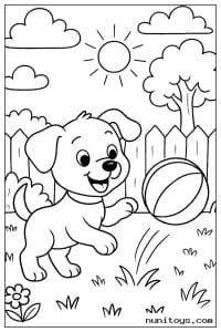 Puppy Playing with a Ball in a Sunny Backyard Coloring Page
