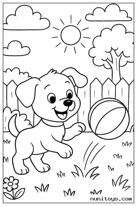 Puppy Playing with a Ball in a Sunny Backyard Coloring Page