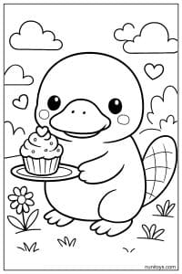 Kawaii Platypus Holding Cupcake Coloring Sheet