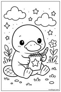 Coloring Page of a Kawaii Platypus Drawing in Notebook