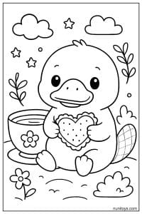 Kawaii Platypus Holding Heart Cookie Coloring Sheet
