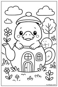 Coloring Page of a Kawaii Platypus in Teapot House
