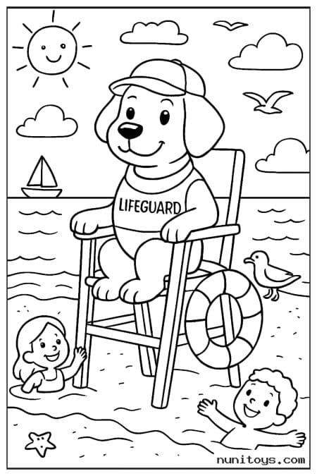 Lifeguard Dog Watching the Beach from a Chair Coloring Sheet