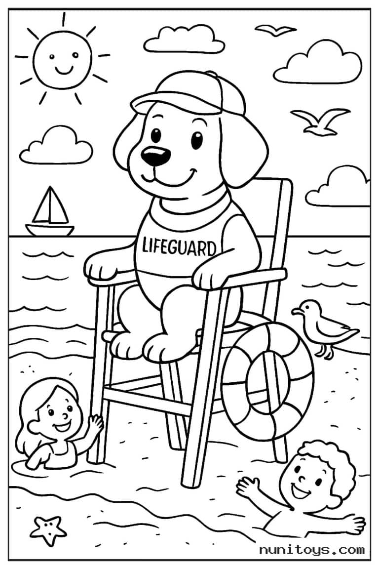 Coloriage chien sauveteur surveillant des enfants à la plage