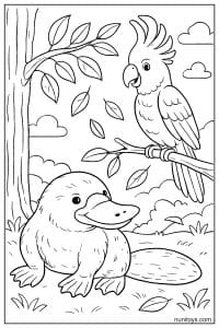 Platypus Sitting Under Cockatoo Coloring Illustration