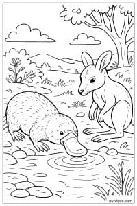 Platypus Drinking Beside a cute Kangaroo