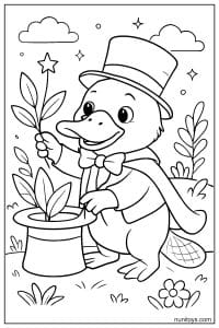 Coloring Page of a Kawaii Platypus Magician with Wand