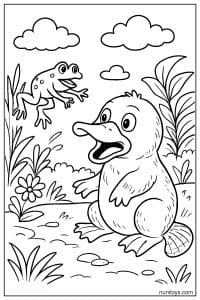 Coloring Page of a Kawaii Platypus Watching a Frog