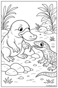 Platypus Meeting Lizard by River Rocks Coloring Page